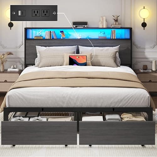 Lifezone Queen Bed Frame with 2-Tier Storage Headboard, Bedroom Metal Bed Frame with 2 Storage Drawers & Fast-Charging Station & LED, Noise-Free, No Box Spring Needed, Easy Assembly, Rustic Grey - Image 1