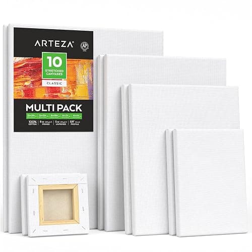 ARTEZA Stretched Canvas Multipack of 10 – 4x4, 5x7, 8x10, 9x12, 11x14 Inch Blank White Canvases for Acrylic, Oil, Gouache – Cotton, Pre-Primed - Image 1
