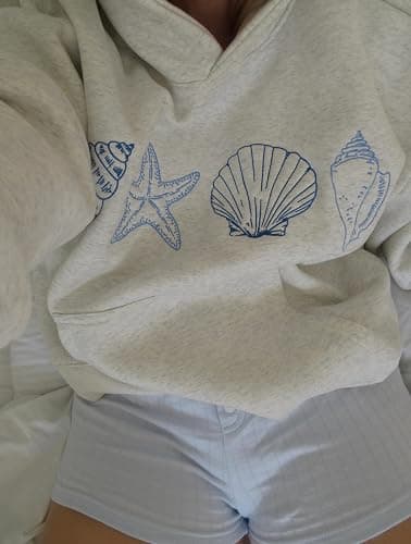 Women Y2k Graphic Hoodies Floral Print Oversized Long Sleeve Pullover Sweatshirt Teen Girl Vintage Sweatshirt - Shell Grey - Small thumbnail 3
