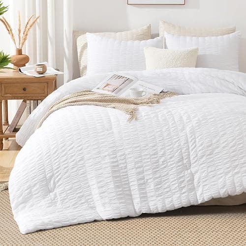 AveLom Seersucker White Comforter Set Full, 3 Pieces- 100% Soft Washed Microfiber Lightweight Comforter with 2 Pillowcases, All Season Down Alternative Bedding Set (80x90 inches) thumbnail 5