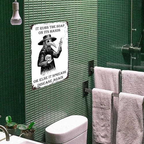 Gothic Wall Decor Halloween Bathroom Poster Goth Home Metal Signs Plague Doctor Tin Sign Funny Guest Bedroom Wall Decor It Rubs It Rubs The Soap On Its Hands Or Else It Spreads Disease Again thumbnail 7