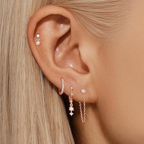 Gold Earrings for Women, 14k Gold Plated Dangle Huggie Earrings for Women Trendy Dainty Gold Hoop Earring Stacks Hypoallergenic Pearl Chain Drop Cartilage Earring Fashion Womens Jewelry thumbnail 7