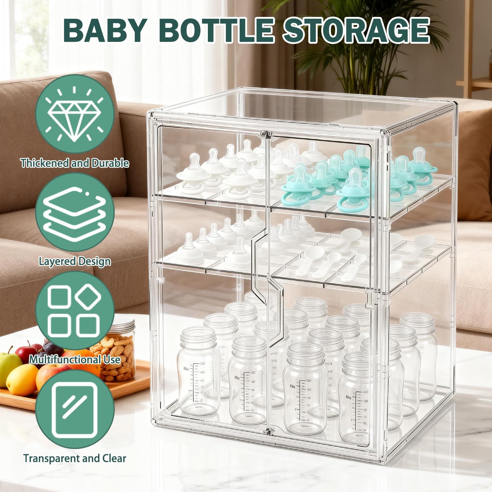 Organizador de biberones, almacenamiento de botellas de 3 niveles para encimera con puertas magnéticas dobles, organizador de estación de botellas de plástico transparente con 2 divisores ajustables thumbnail 6