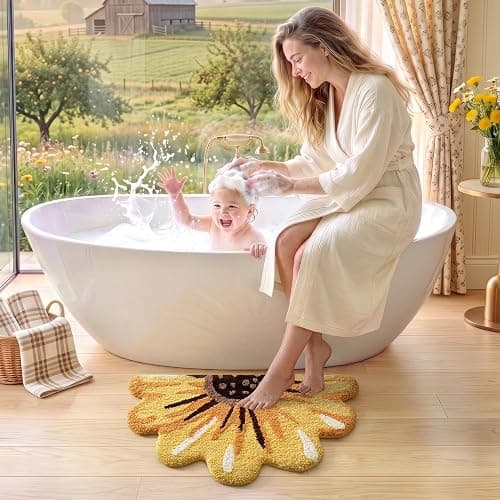 LUMI Floral Bathroom Rug, Absorbent Non Slip Bath Mat, 20"x36" | Sunflower, Soft Plush Microfiber, Quick Dry, Washable Yellow Bath Mats for Shower Floor, Sink Bathtub, Bedroom, Kids Room thumbnail 4
