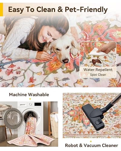 RELEANY Washable Area Rug, 8'x10', Pink/Light Pink/Colorful | Non-Slip, Water Repellent, Pet Friendly, Easy to Clean, Vintage Floral Boho Decor for Living Room Bedroom Dining Room thumbnail 5