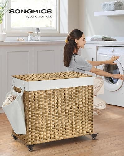 SONGMICS Laundry Hamper with Lid, 42.3 Gallons (160 L), Rolling Laundry Basket with Wheels, 3-Section Synthetic Rattan, Removable Liner, Bedroom, 29.9 x 13 x 26 Inches, Natural ULCB365N01 thumbnail 2