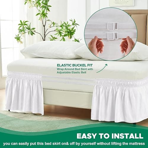Biscaynebay Wrap Around Bed Skirts for Queen Beds with Short Drop of 12", White Adjustable Elastic Dust Ruffles Easy Fit Wrinkle Resistant Silky Luxurious Fabric Machine Washable thumbnail 4