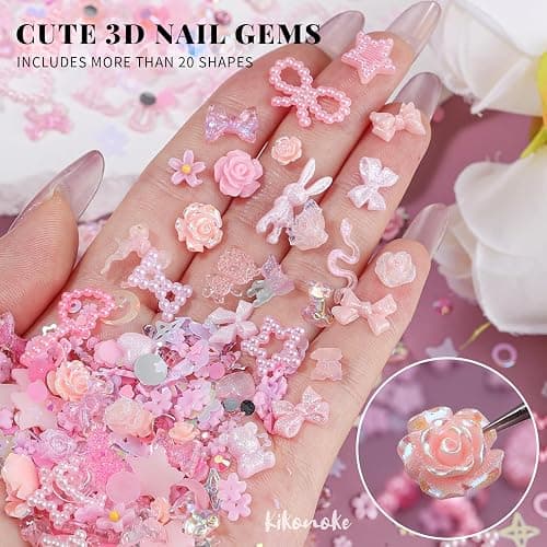 400Pcs Pink Nail Charms Kit, 3D Nail Gems and Rhinestones Flatback Pearls Mixed Shape Set, Heart Rabbit Butterfly Flower Bow Acrylic Resin Nail Art Decorations DIY Craft (Pink) thumbnail 5