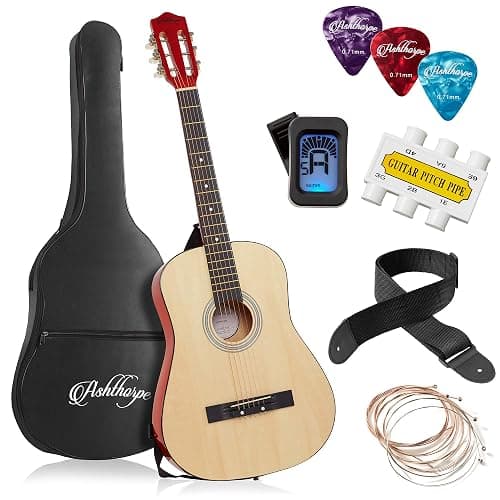 Ashthorpe 38-inch Beginner Acoustic Guitar Package (Natural), Basic Starter Kit w/Gig Bag, Strings, Strap, Tuner, Pitch Pipe, Picks - Image 1