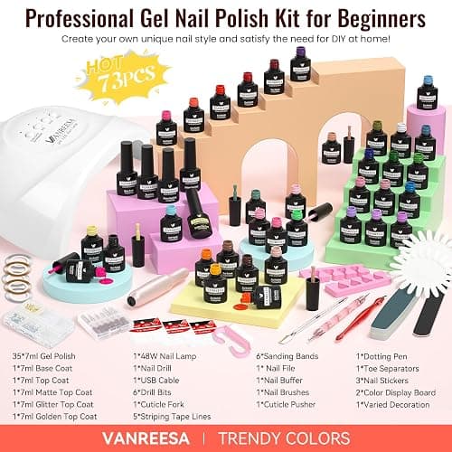 VANREESA 73 Pcs Gel Nail Polish Kit with U V Light and Nail Drill Kit 35 All Seasons Colors Nail Polish Set with Base Coat & 4 Effects Top Coat Gel Polish Nail Set Complete Nail Kit Gifts for Women thumbnail 9