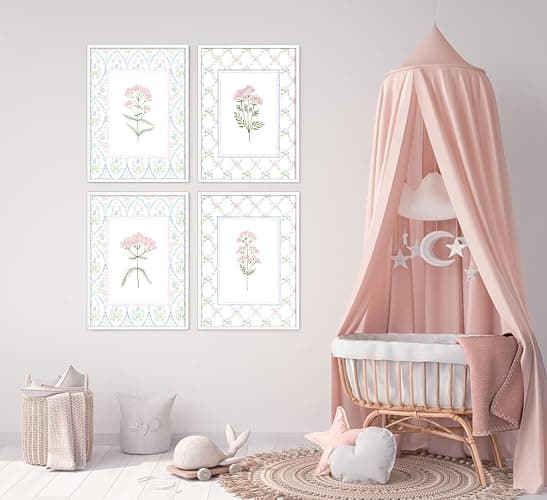 Pink Blue Floral Nursery Wall Art Watercolor Wildflower Pictures Wall Decor Sage Green Botanical Posters Vintage Grandmillenial Flower Painting Print Artwork for Baby Girls Room Bedroom, Unframed thumbnail 6