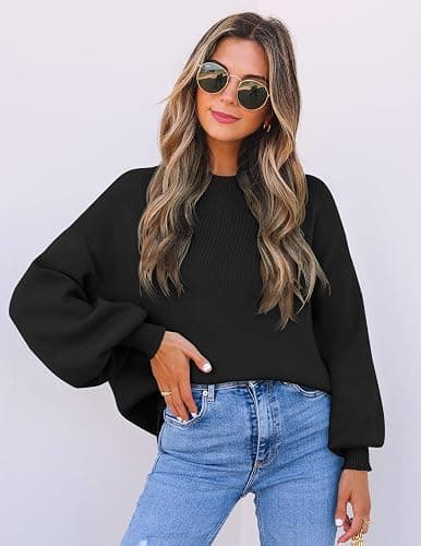 ZESICA Women's Casual Turtleneck Long Lantern Sleeve Fall 2025 Oversized Ribbed Knit Pullover Sweater Jumper Top thumbnail 2