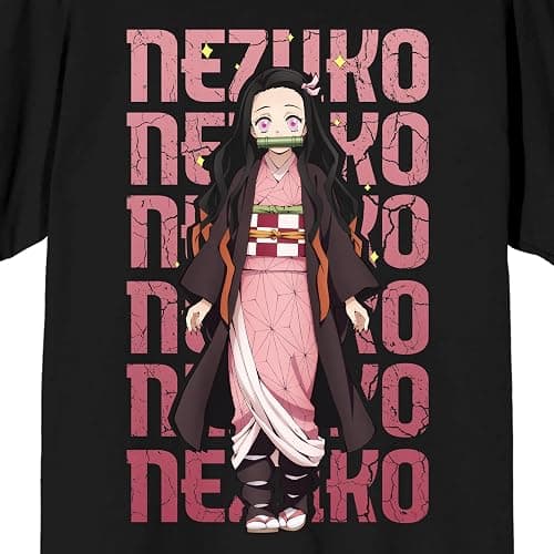 Demon Slayer Nezuko Repeat Text Crew Neck Short Sleeve Men's Black T-Shirt thumbnail 2