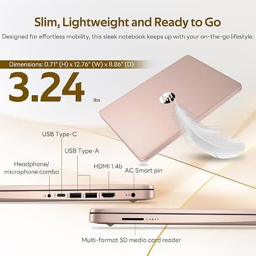 HP Flagship 14" HD Student&Business Laptop with AI Copilot, 13th Gen Intel 4-Core, 4GB RAM, 256GB Storage (128GB UFS + 128GB Docking Station), 1 Year Office 365, 720p Webcam, Win 11, Pale Rose Gold thumbnail 9