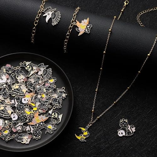 Sasylvia 48 Pcs Halloween Charms for Jewelry Making Black Gothic Charms Include 12 Style Crow Skull Snake Cat Moon for Halloween Party Decoration Gifts DIY Art Craft thumbnail 7