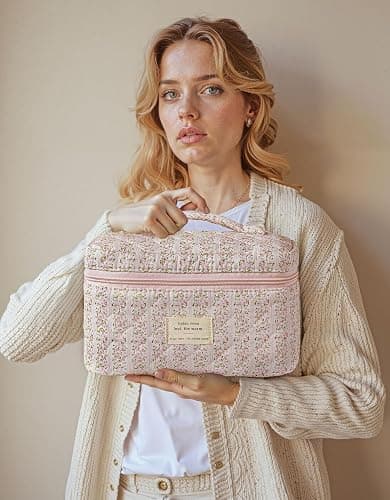 HBselect Quilted Makeup Bag, 3PCS Cotton Large Travel Makeup Bag, Cute Floral Coquette Make up Bag Cosmetic Bag Toiletry Bag for Women Girls thumbnail 7