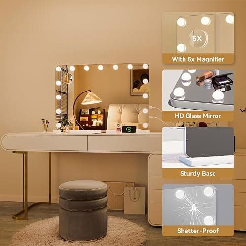 Hasipu 31"x22" Vanity Mirror with Lights, Makeup Mirror with Lights and Magnification, Hollywood Mirror with 3 Color Modes, LED Make up Mirror, Light up Mirror with USB & Type-C Charging thumbnail 7
