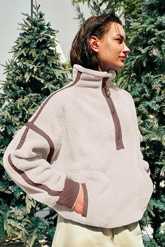 Panadila Womens Half Zip Sherpa Fleece Pullover Soft Oversized Sweatshirt with Pockets Warm Fuzzy Sweater thumbnail 3