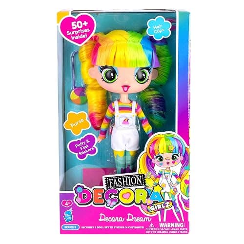 Decora Fashion Girlz Series 2– Decora Dream – 11” Fabric-Costumed Posable Vinyl Doll with Extra-Long Rainbow Hair, 50+ Surprises, Puffy & Flat Removable Stickers, and Accessories thumbnail 4