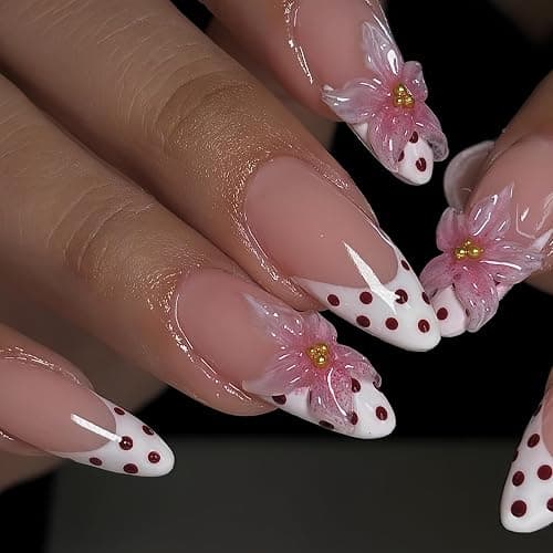 24Pcs Press On Nails Almond Medium Nude Fake Nails White French Tips with 3D Flower Pink Polka Dot Design Floral False Nails Glossy Full Cover Stick on Nails Reusable Glue on Nails for Women Manicure thumbnail 2