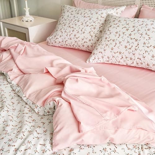Wake In Cloud - Floral Comforter Set, Coquette Cottagecore Aesthetic Cute Flower Pattern for Women Teen Girls, Soft Lightweight Dorm Bedding, 3 Piece, Pink, Queen Size thumbnail 6