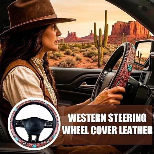 Western Steering Wheel Cover, Anti-Slip Universal Fit For Suvs/Trucks, Print Design, All-Weather Breathable Car Interior Accessory - Universal 15 Inch (C-3) thumbnail 2