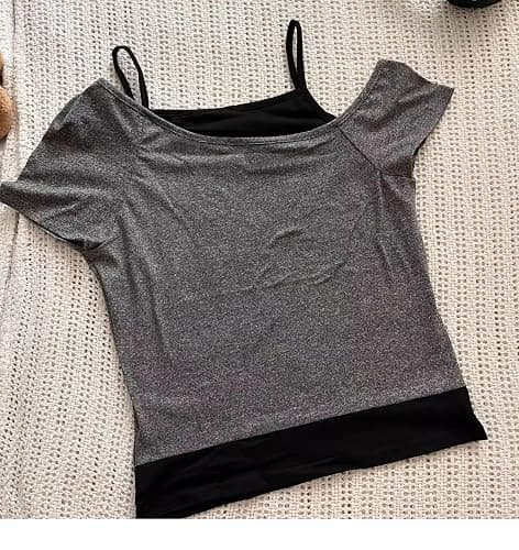Emo Grunge Shirts Women Graphic Baby Tees Fake Two Piece Short Sleeve Vintage Y2k Crop Top Goth Alt Clothes - Grey Black - Small thumbnail 3