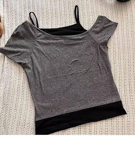 Emo Grunge Shirts Women 2000s Graphic Baby Tees Fake Two Piece Short Sleeve Vintage Y2k Crop Top Goth Alt Clothes - Grey Black - Large thumbnail 3