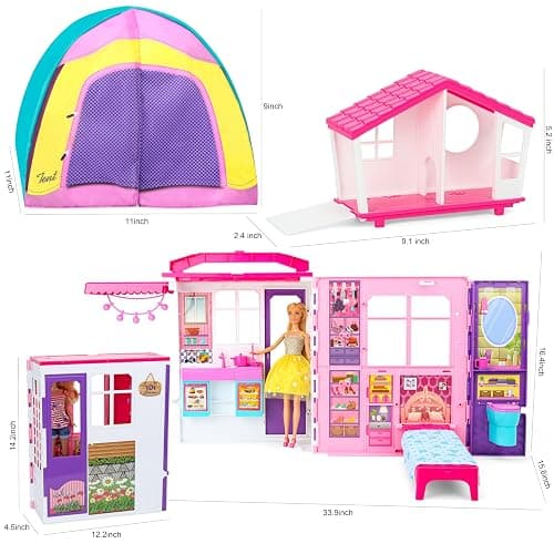 Style Shine Doll House Portable & Foldable Dollhouse w/ 60+ Pcs & 2 Dolls, Play House Toy with Bedroom Kitchen Pet House Camping Playset, Playhouse Birthday Gift for Girl Kid Toddler thumbnail 2