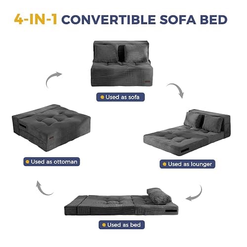 MAXYOYO Convertible Sofa Bed, Fold Out Sofa Couch with Pillow for Adults | Loveseat Sofa 4 in 1 Tufted Folding Couch Bed Foam Floor Couch, Lazy Chair for Living Room Bedroom Guest Room, Dark Grey thumbnail 5