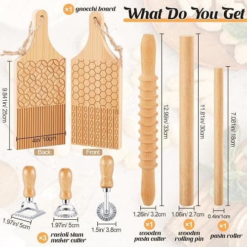 Tioncy 7 Pcs Pasta Making Tool Set Wood Gnocchi Board with Ravioli Stamp Ravioli Maker and Rolling Pin Homemade Gnocco Maker Kitchen Gift for Christmas Baking Lovers(Pattern Gnocchi Board Set) thumbnail 3