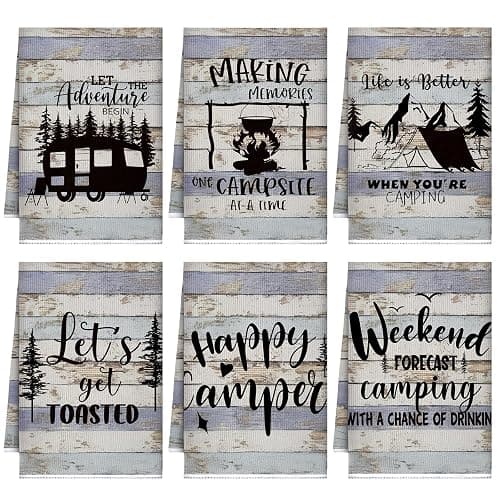 Boyiee Set of 6 Camping Kitchen Towels Happy Camper Tea Towels Absorbent Farmhouse Dish Towels with Funny Sayings 24 x 16 Inches Camping Hand Towels for RV Campers Lovers Gifts Accessories Decorations - Image 1