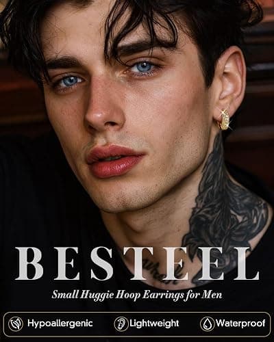 BESTEEL Hoop Earrings For Men - 14K Gold Plated Small Chunky Huggie Hoop | Hypoallergenic Earrings, S925 Sterling Silver Posts, Lightweight Trendy Hoops, CZ Inlaid Mens Earrings for Sensitive Ears thumbnail 3