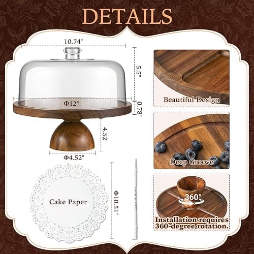 Fyctio Acacia Wood Cake Stand with Lid,12in Round Acrylic Cake Stand with Dome,2-In-1 Reversible Charcuterie Board with Lid,Large Wooden Baked Goods Display Holder,Perpare For Dessert,Cheese,Chips,Cookie thumbnail 8