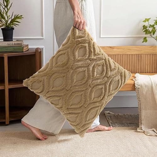 decorUhome Faux Fur Light Brown Khaki Throw Pillow Covers 18x18 Set of 2 | Plush Solid Fall Couch Pillow Covers, Accent Modern Farmhouse Neutral Decorative Soft Pillow Cases for Sofa Bed Living Room thumbnail 7