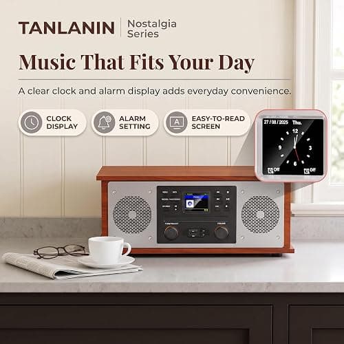 10 in 1 Bluetooth Record Player All-in-One Multimedia Center | Stereo Speakers, CD Player, Internet Radio, 3-Speed Turntable, Clock, Alarm, USB Recording, RCA Out, LCD Display, Red Wood thumbnail 3