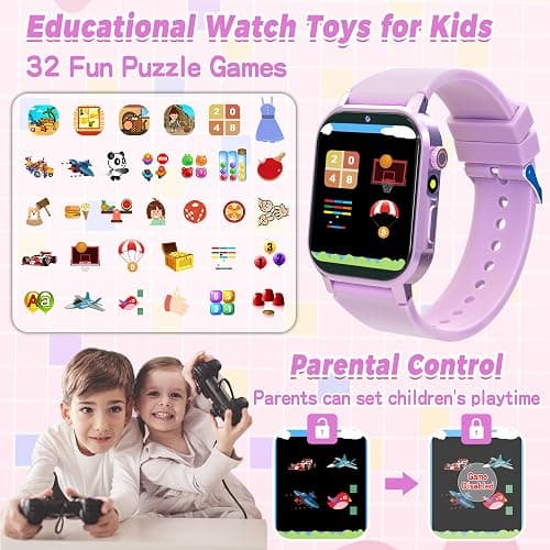 Phyulls Kids Smart Watches Girls with 32 Puzzle Games, HD Camera, Pedometer | 1.69" TouchScreen Watch for Kids, Alarm, Music, Audiobooks, Flashlight,12/24 Hr, Birthday Gifts for Girls Ages 5-12, Purple thumbnail 5
