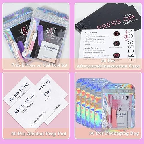 Press On Nail Tool Kit for Nail Business, Nail Prep Application Disposable Kit with Nail File, Nail Glue, Prep Pads, Instruction Card, Adhesive Nail Tabs, Wood Stick, Holographic Bag (50pcs in purple) thumbnail 5