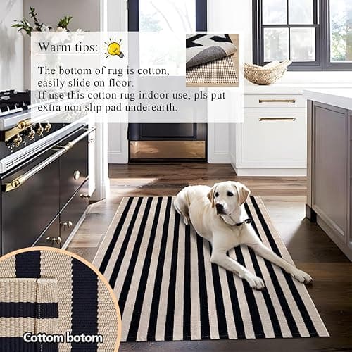 Rustaa Indoor Outdoor Rug 3x5 Front Door Mat Outdoor Cotton Welcome Mat Outdoor Farmhouse Layered Mat Washable Stripe Outdoor Mats for Entrance Front Door Porch Balcony(Black/Tan) thumbnail 6