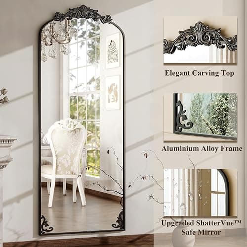 GLSLAND Vintage 64"x 21" Full Length Mirror Large Carved Arched Full Body Mirror with Metal Frame Baroque for Bathroom/Living Room/Entryway,Black - Black-64" X 21" - 64"L x 21"W thumbnail 4