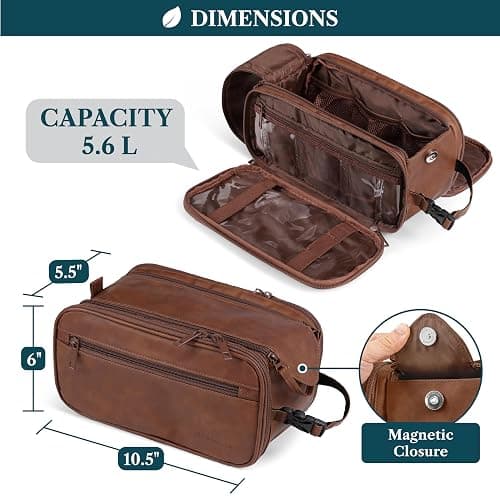 PAVILIA Toiletry Bag for Men Women, Mens Travel Bag Toiletries Organizer Case for Grooming, Travel Essentials Shaving Dopp Kit, PU Leather Water Resistant Cosmetic Pouch, Brown thumbnail 5