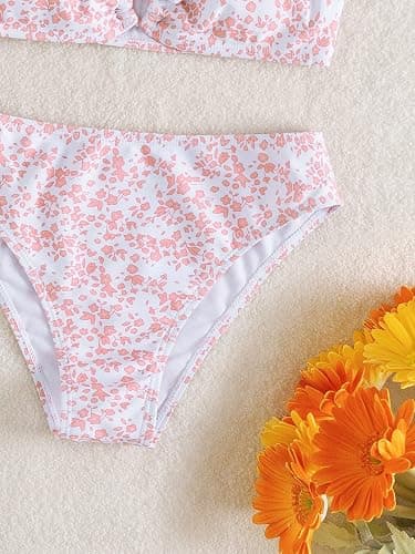 OYOANGLE Girl's 2 Piece Ditsy Floral Bikini Swimsuit Ring Linked Ruched Bathing Suit thumbnail 5