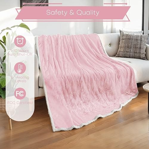 Electric Heated Blanket Full Size 72"x84" - Flannel & Sherpa Fabric Dual-Sided, 6 Heat Settings & 1-10 Hours Auto Off, Soft & Cozy Warming Throw for Home, Office, or Bed, Machine Washable, Light Pink thumbnail 4