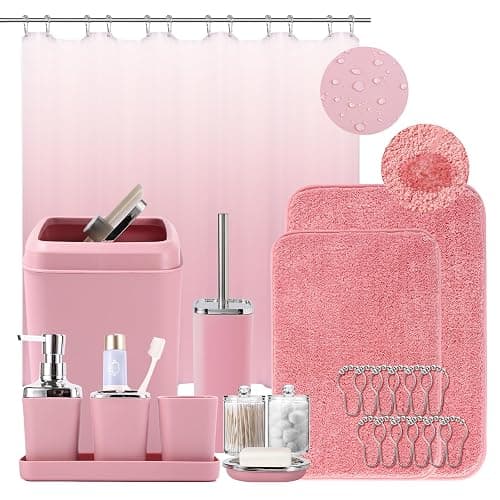 XLHOMO Bathroom Accessory Set–Bathroom Sets with Shower Curtain and Rugs, Non Slip Bathroom Rugs Super Absorbent, Pink Ombre Waterproof Shower Curtain with Hooks, Pink Bathroom Sets Complete for Home - Image 1
