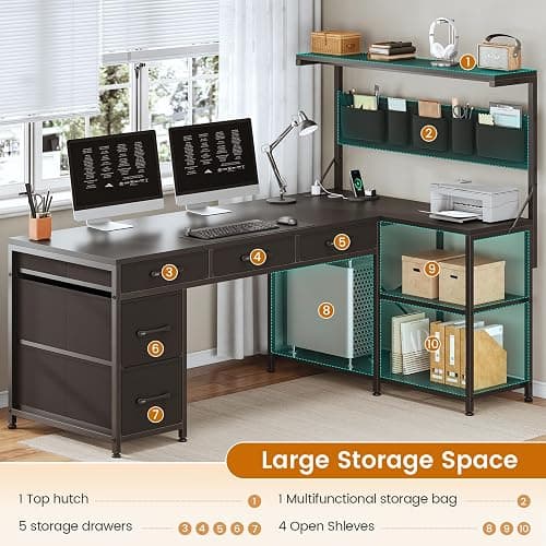 SEDETA L Shaped Gaming Desk, 47.2" Reversible Small Computer Desk with 5 Drawers and Storage Shelves, Corner Gaming Desk with LED Lights and Power Outlet, Black thumbnail 7