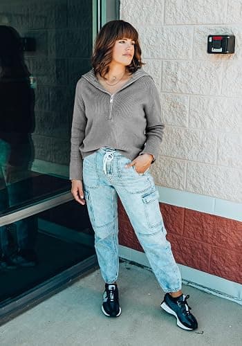 BTFBM Womens Sweaters Quarter Zip Pullover V Neck Collar Long Sleeve Ribbed Knit Loose Casual 2025 Winter Fall Sweater thumbnail 6
