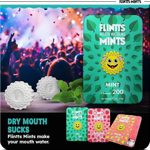 Flintts Mints After Party Pack – Sugar Free Mouthwatering Mints for Dry Mouth Relief & Freshness – Vegan Oral Health Support with Sparkle Effect – Pocket Travel Saliva Substitute, Lozenges Alternative thumbnail 2