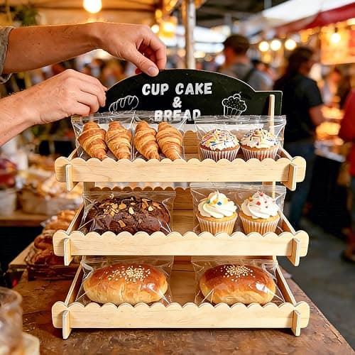 Cookie Display Stand for Vendors,Wooden Bakery Display Stand for Bakers,Tool-Free Stand with Chalkboard Sign for Market Booths &Craft Fairs.Tiered Dessert Stand for Cupcakes, Muffins & Pastries.Easy Assembly Fit for Small Shop & Events. thumbnail 6