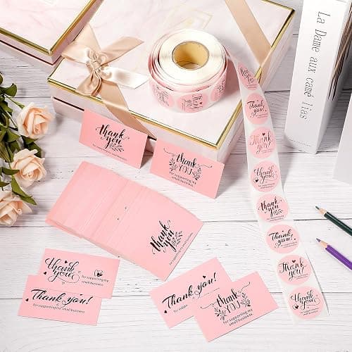 Outus 600 Pieces Thank You for Supporting My Small Business Cards and Stickers Set - Pink Gold Foil Thank You Cards for Retail Store Package Insert Envelope Seals Business Owner Sellers thumbnail 2