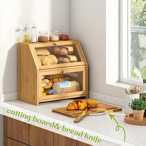 BMOSU Bread Box with Cutting Board Kitchen Bread Storage Organizer Farmhouse Countertop Double Bamboo Wood Bread Box(Natural) thumbnail 6